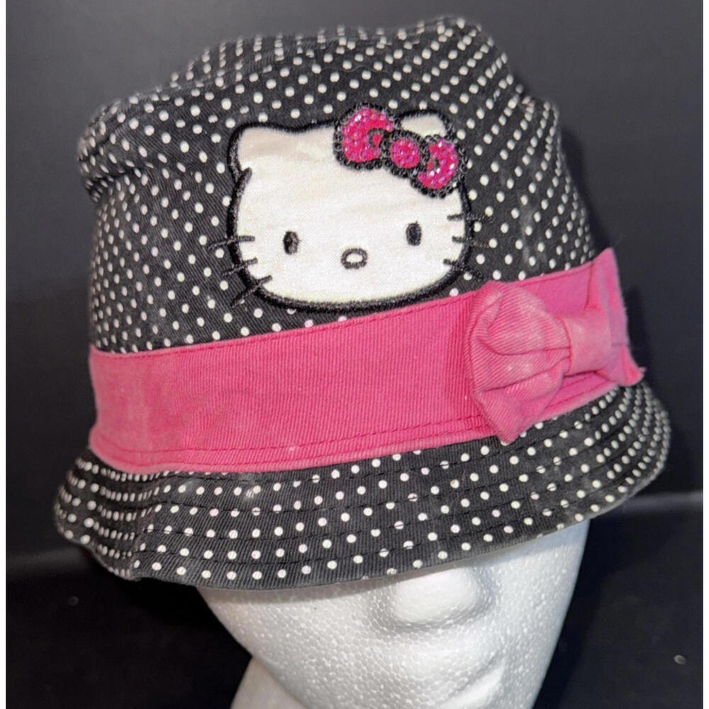 Hello Kitty Black Pink Y2K Cat Cartoon Polka Dot‎ Y2K Bucket Hat